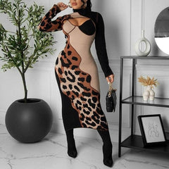 Long Sleeve Leopard Sexy Party Dress