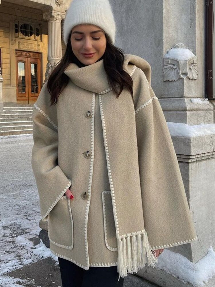 Woolen Jacket Women Elegant Fashion Tassel Scarf Collar Jacket Female