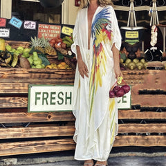 Boho Parrot Printed Bikini Cover-ups White Chiffon Tunic Plus Size