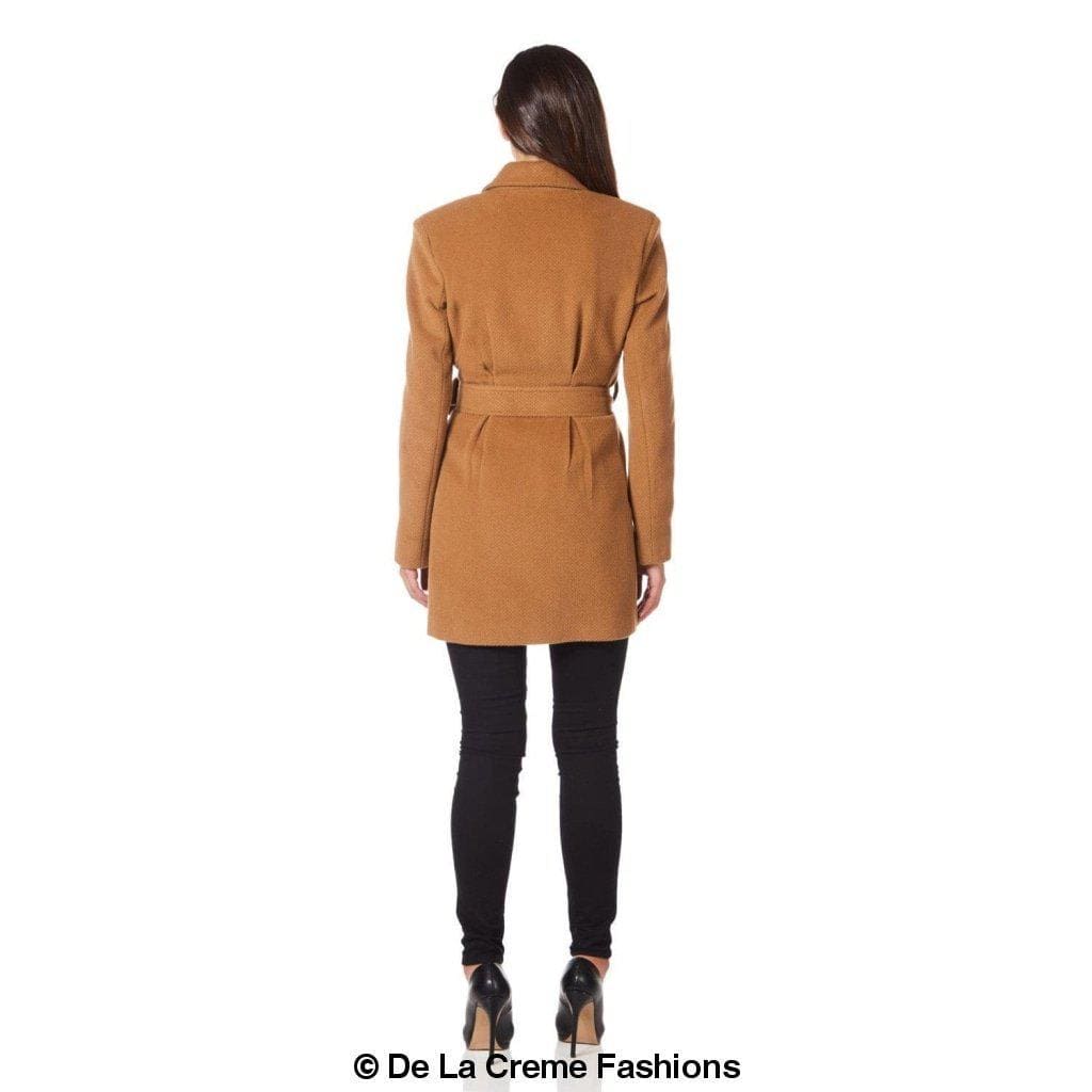 De La Creme - Womens Camel Textured Short Belted Coat