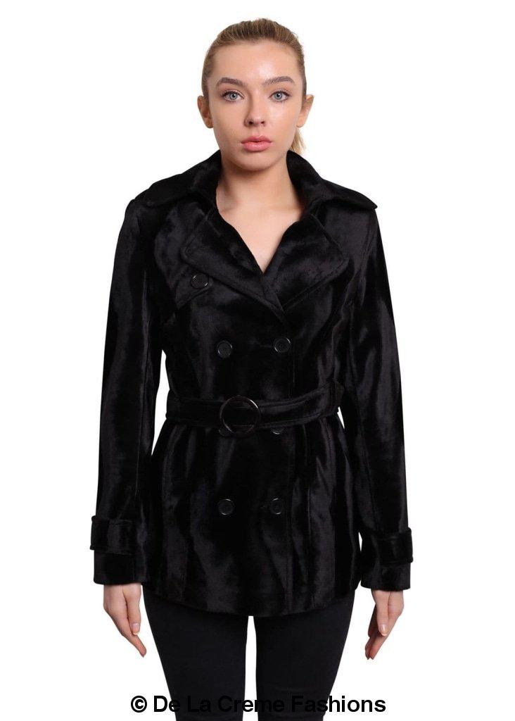 De La Creme - Women's Luxury Black Ponyskin Double Breasted Short Coat