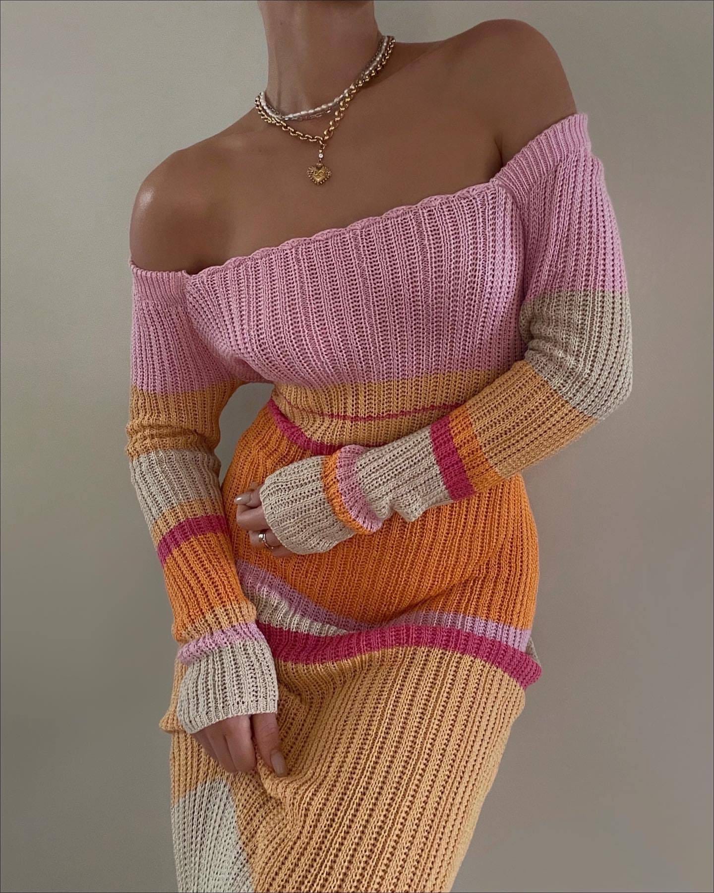 Off-Shoulder Knitted Long Dress - Love Couture Clothing