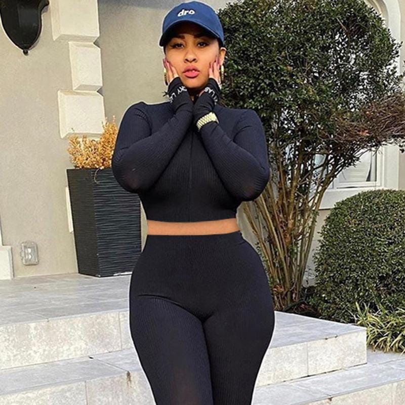 Two Piece Outfits Women Set Activewear Crop Top Zipper Leggings