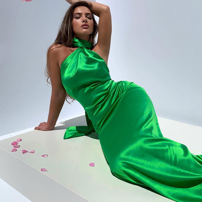 Satin Backless Maxi Dress Gown Halter Sleeveless Backless Bodycon Long