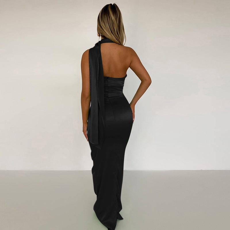 Satin Backless Maxi Dress Gown Halter Sleeveless Backless Bodycon Long