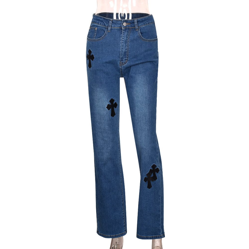 Cross Printed Baggy Jeans  Low Waist Straight Denim Trousers