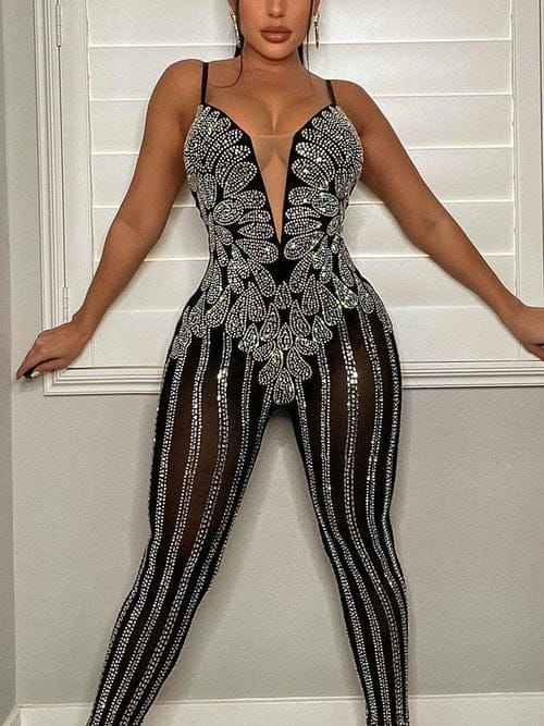 Spaghetti Strap Diamond Embellished Skinny Jumpsuit - Love Couture Clothing