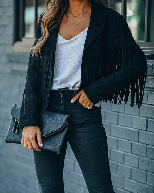 Fringed Hem Tassel Cardigan Crop Tops Motor Biker Jacket Suede Leather