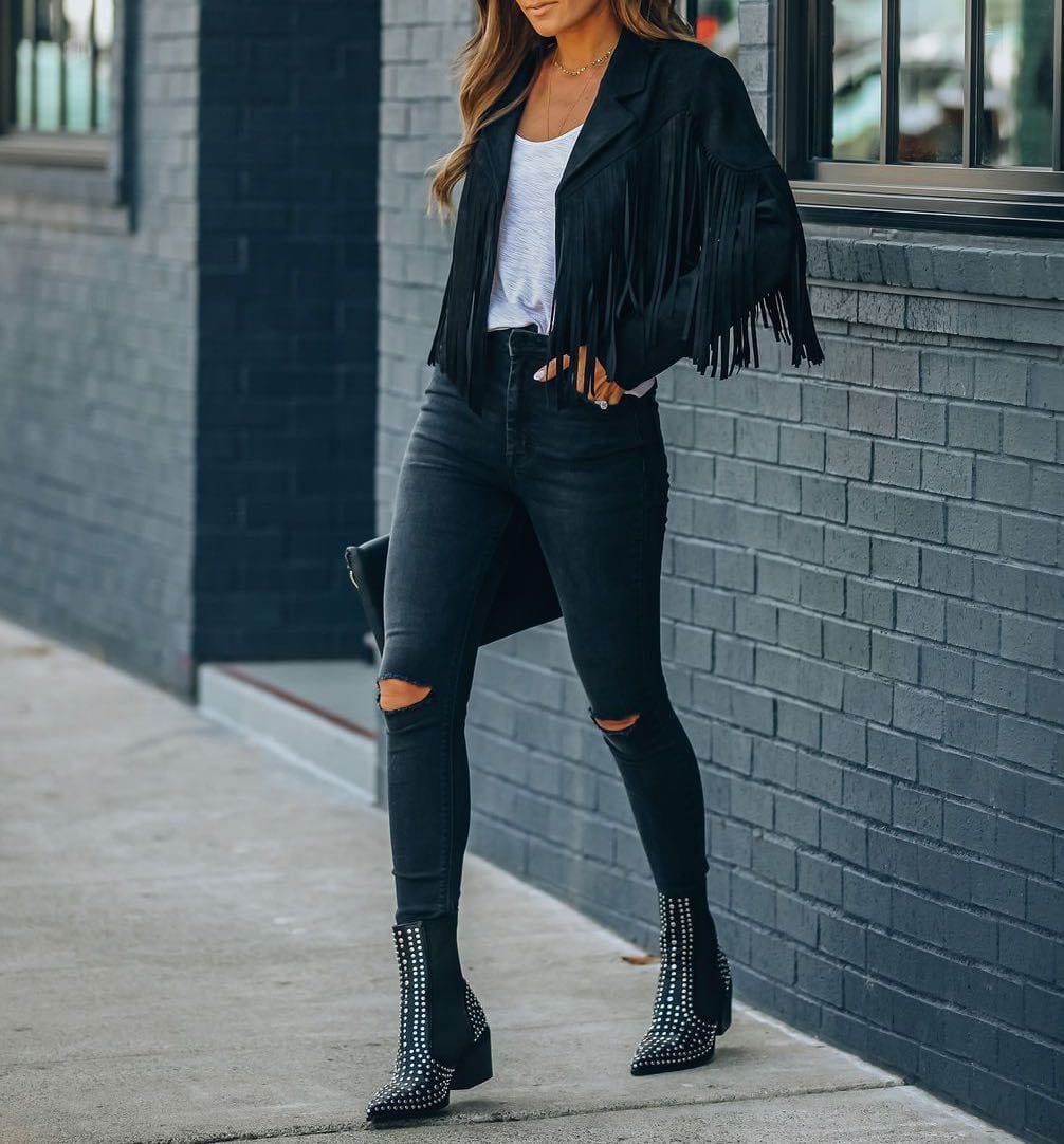 Fringed Hem Tassel Cardigan Crop Tops Motor Biker Jacket Suede Leather