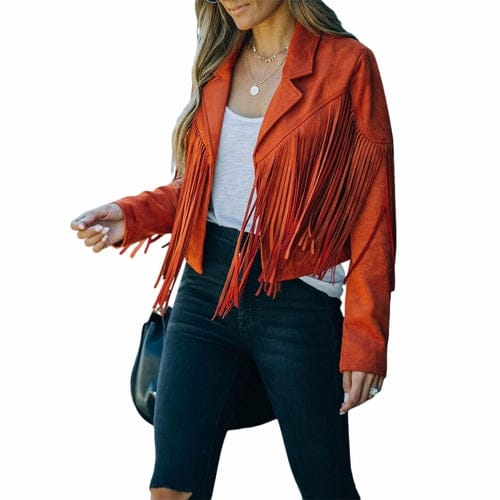 Fringed Hem Tassel Cardigan Crop Tops Motor Biker Jacket Suede Leather